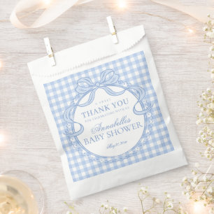 Blue Gingham Coquette Bow Baby Shower Dessert Favor Bag