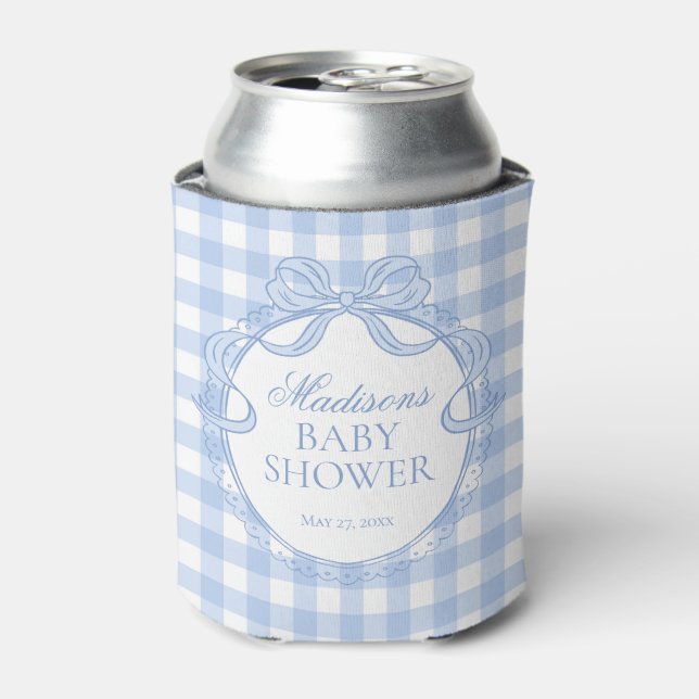 Blue Gingham Coquette Bow Baby Shower Favor Can Cooler (Can Front)