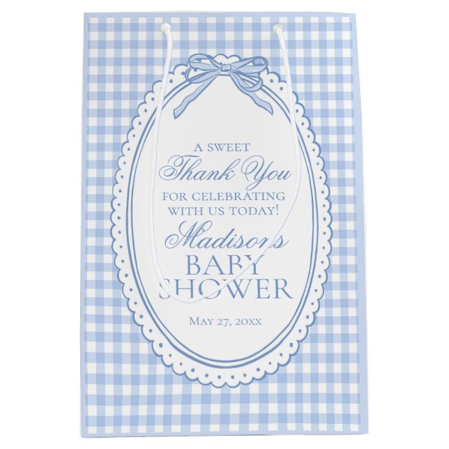 Blue Gingham Coquette Bow Baby Shower Favors Medium Gift Bag (Front)