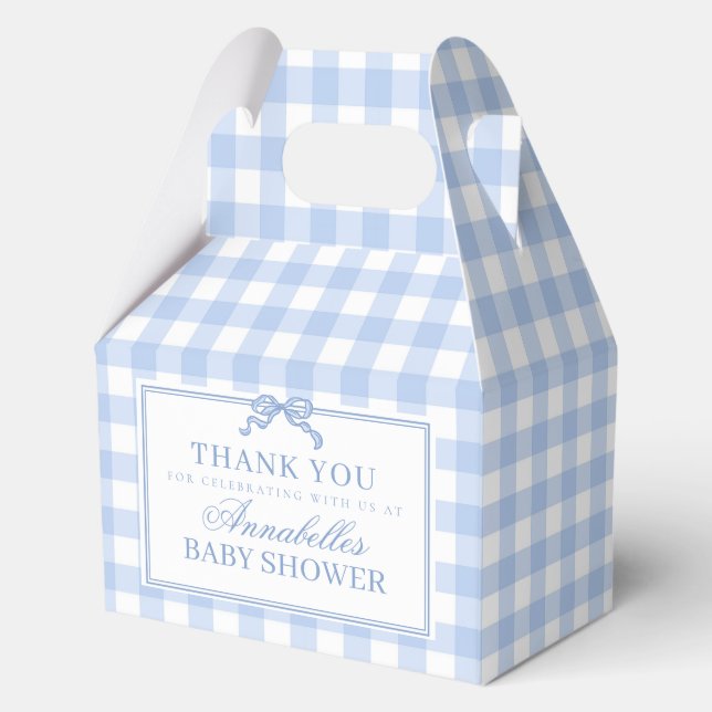 Blue Gingham Coquette Bow Baby Shower Gable Favor Boxes (Front)