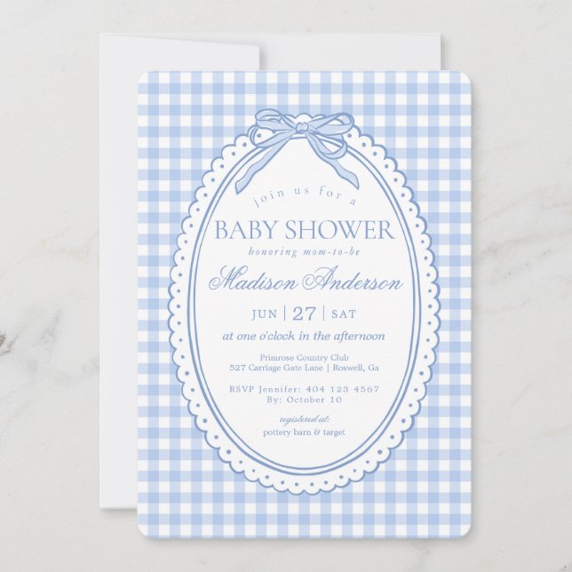 Blue Gingham Coquette Bow Baby Shower Invitation (Front)