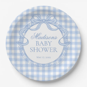 Blue Gingham Coquette Bow Baby Shower Paper Plates