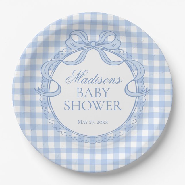 Blue Gingham Coquette Bow Baby Shower Paper Plates (Front)
