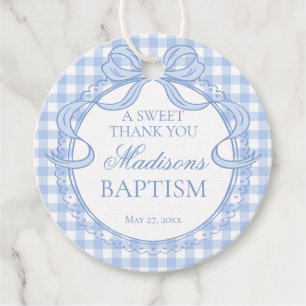 Blue Gingham Coquette Bow Baptism Circle Favor Tags
