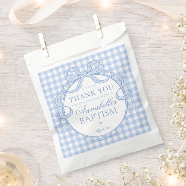Blue Gingham Coquette Bow Baptism Dessert Favor Bag (Clipped)