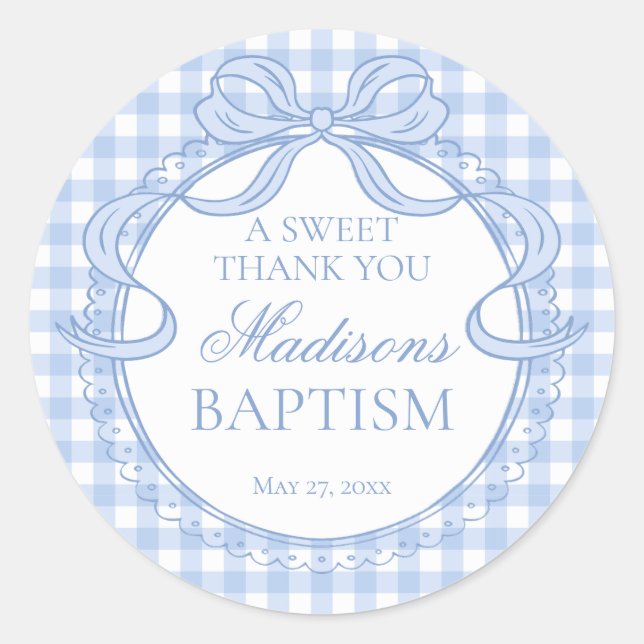 Blue Gingham Coquette Bow Baptism Favor Classic Round Sticker (Front)