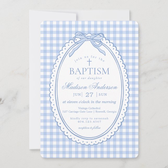 Blue Gingham Coquette Bow Baptism Invitation (Front)