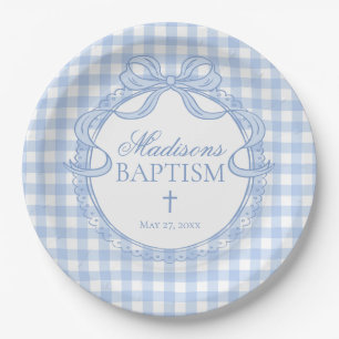Blue Gingham Coquette Bow Baptism Paper Plates
