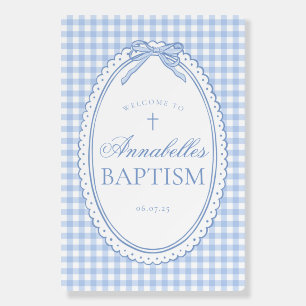 Blue Gingham Coquette Bow Baptism Welcome Sign