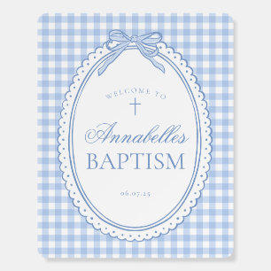 Blue Gingham Coquette Bow Baptism Welcome Sign