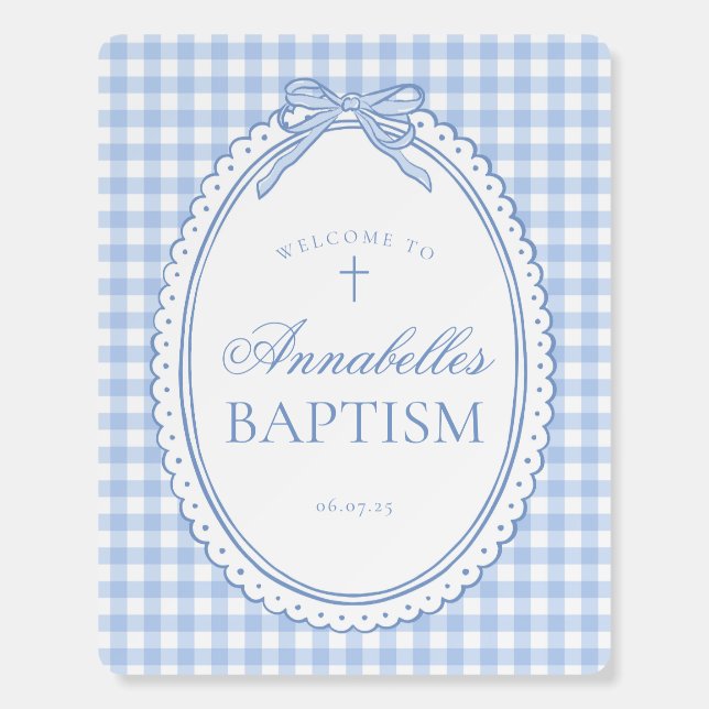 Blue Gingham Coquette Bow Baptism Welcome Sign (Front)