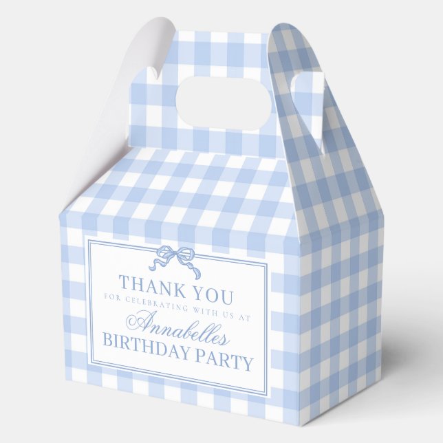 Blue Gingham Coquette Bow Birthday Gable Favor Boxes (Front)