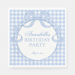 Blue Gingham Coquette Bow Birthday Party Dessert Napkins