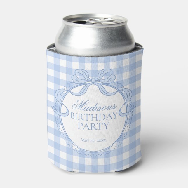 Blue Gingham Coquette Bow Birthday Party Favor Can Cooler (Can Front)