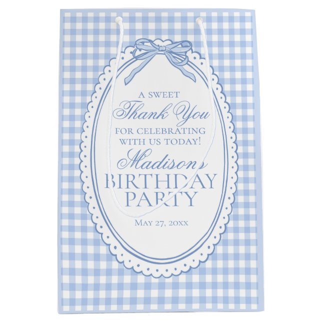 Blue Gingham Coquette Bow Birthday Party Favors Medium Gift Bag (Front)