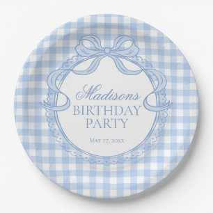 Blue Gingham Coquette Bow Birthday Party Paper Plates