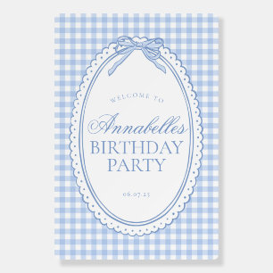 Blue Gingham Coquette Bow Birthday Welcome Sign