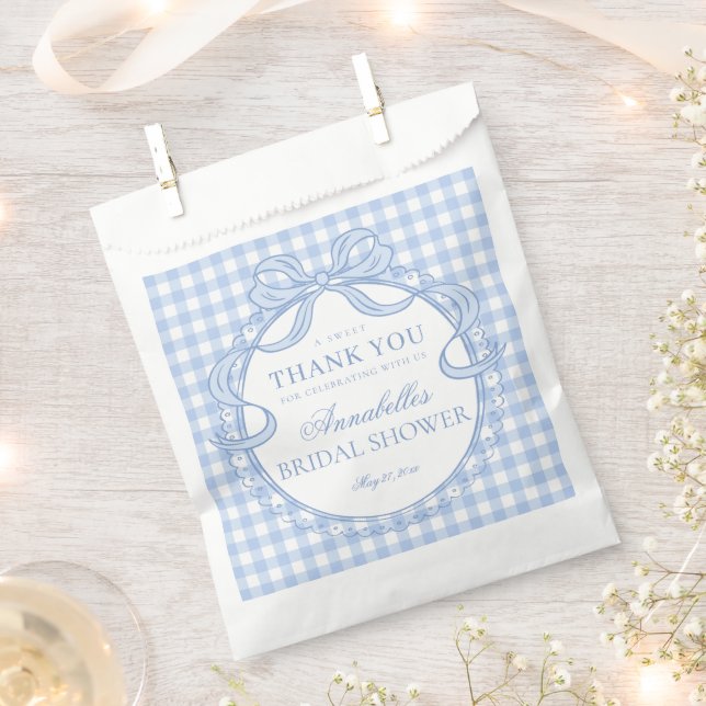 Blue Gingham Coquette Bow Bridal Shower Dessert Favor Bag (Clipped)