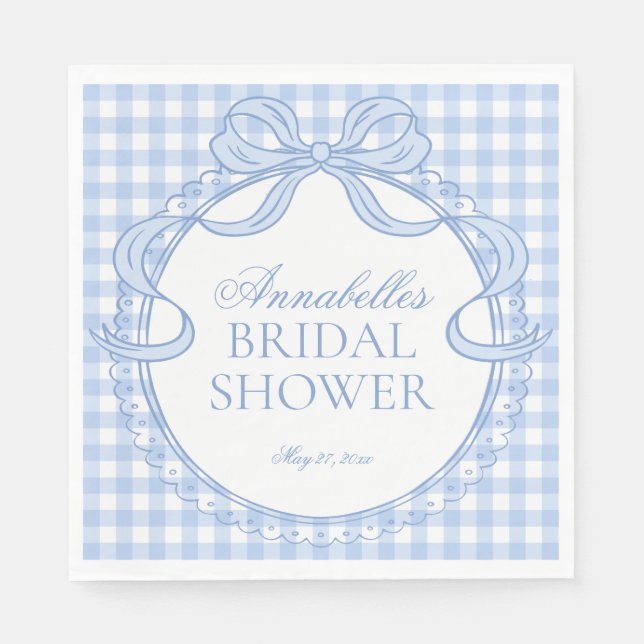 Blue Gingham Coquette Bow Bridal Shower Dessert Napkins (Front)