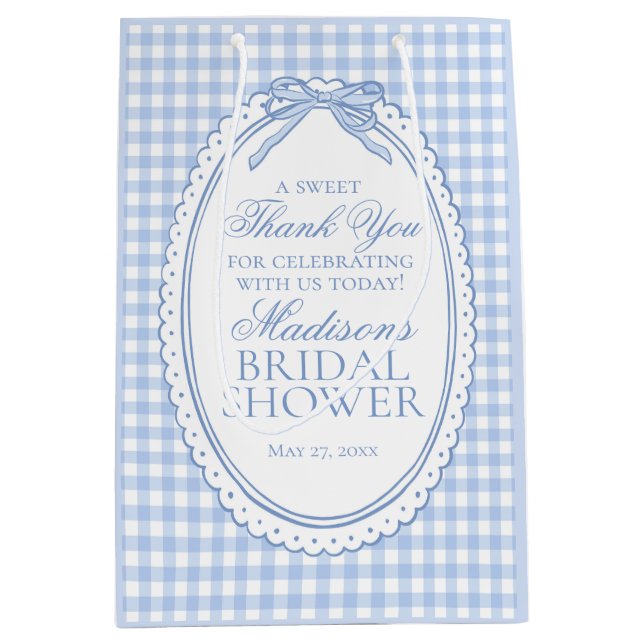 Blue Gingham Coquette Bow Bridal Shower Favors Medium Gift Bag (Front)