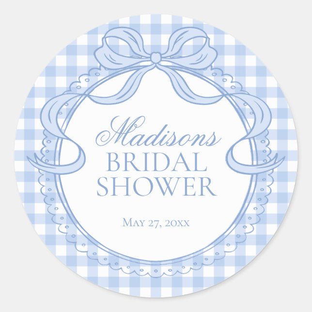 Blue Gingham Coquette Bow Bridal Shower Seal (Front)