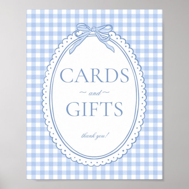 Blue Gingham Coquette Bow Card & Gifts Sign (Front)