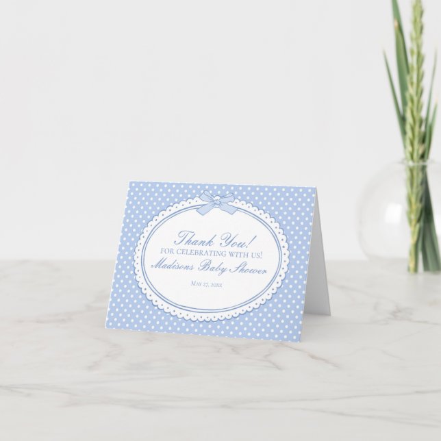 Blue Gingham Coquette Bow Thank You Card  (Front)