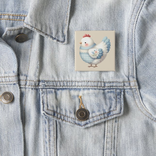 Blue Gingham Cottage Hen Button (In Situ)