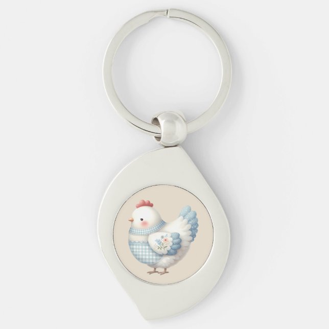 Blue Gingham Cottage Hen Keychain (Front)