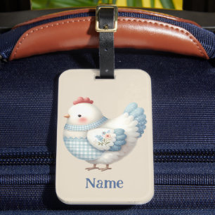 Blue Gingham Cottage Hen Luggage Tag
