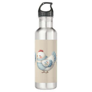 Blue Gingham Cottage Hen Stainless Steel Water Bottle