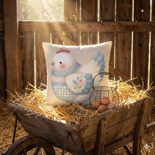 Blue Gingham Cottage Hen Throw Pillow (Blue Gingham Cottage Hen Throw Pillow Mockup C)