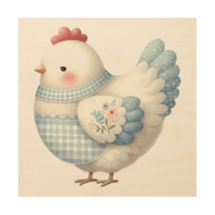 Blue Gingham Cottage Hen Wood Wall Art