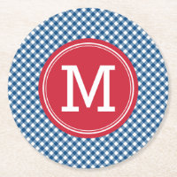 Blue Gingham Country Chic Personalize Monogram Round Paper Coaster