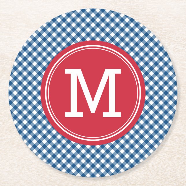 Blue Gingham Country Chic Personalize Monogram Round Paper Coaster (Front)