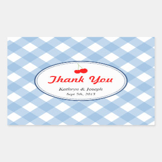 Blue gingham country picnic red cherry wedding rectangular sticker
