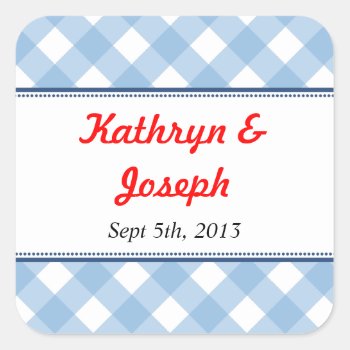 Blue Gingham Country Picnic Rustic Wedding Favor Square Sticker by FidesDesign at Zazzle