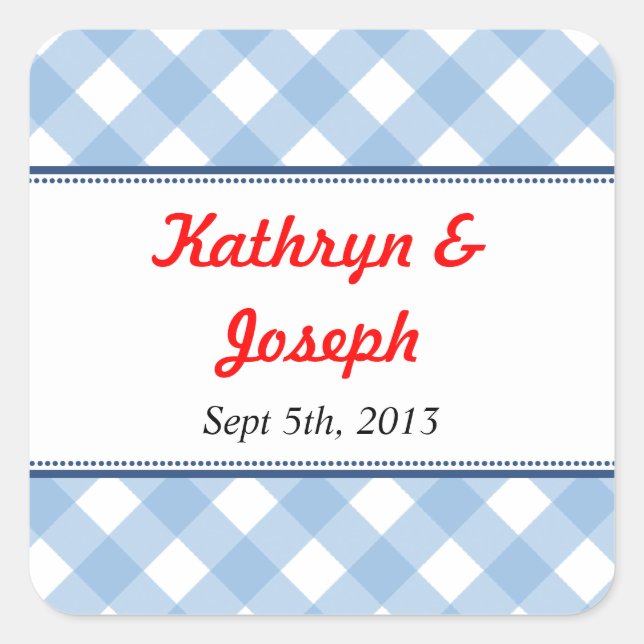 Blue gingham country picnic rustic wedding favor square sticker (Front)