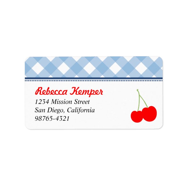 Blue gingham country red cherries return address label (Front)