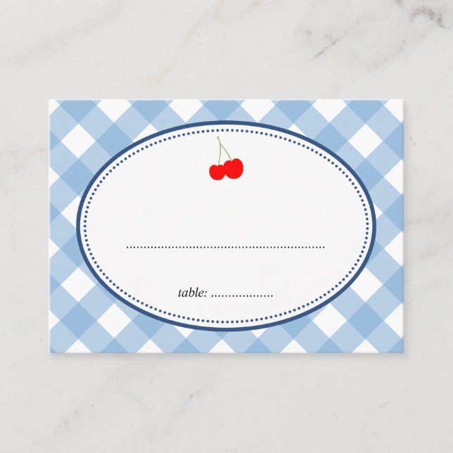 Blue gingham country rustic cherry seating card (Front)