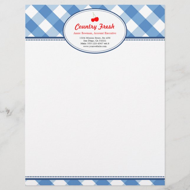 Blue gingham country rustic red cherry personal letterhead (Front)