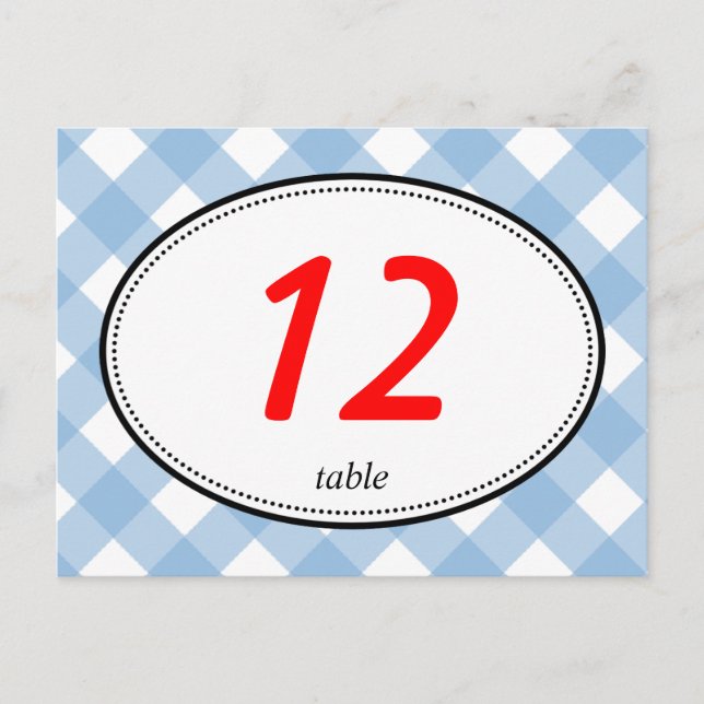 Blue gingham country rustic wedding table number (Front)