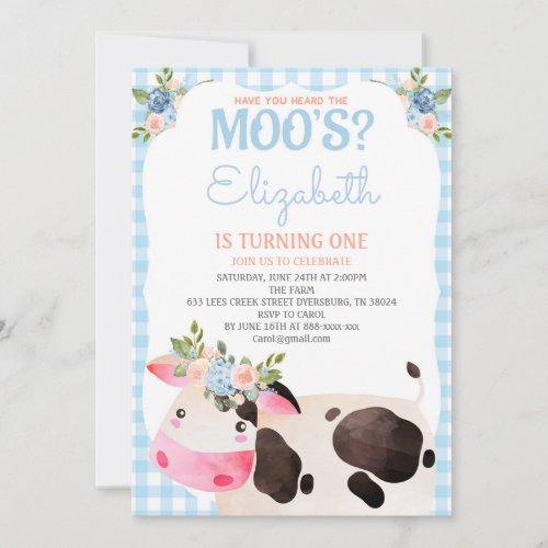 Blue Gingham Cow Birthday Girl Barnyard Invitation