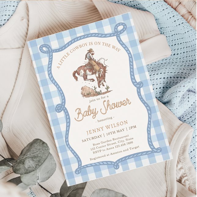 Blue Gingham Cowboy Baby Shower Invitation (Creator Uploaded)