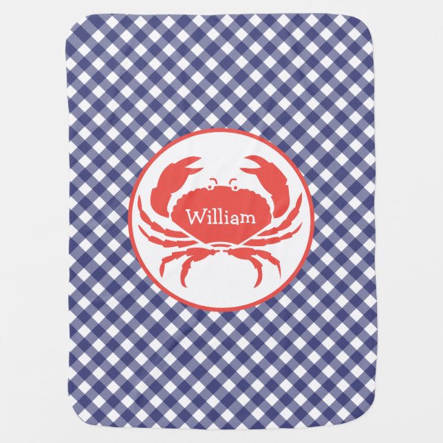 Blue Gingham + Crab Personalized Baby Blanket (Front)