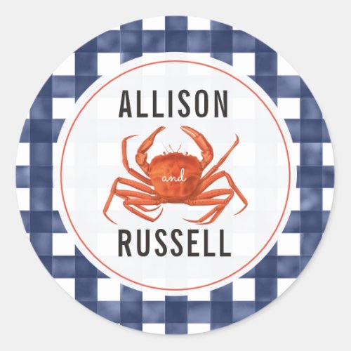 Blue Gingham Crab Wedding Classic Round Sticker