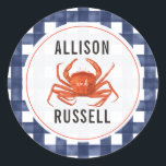 Blue Gingham Crab Wedding Classic Round Sticker<br><div class="desc">A wedding sticker featuring an illustration of a crab over a blue gingham background.</div>