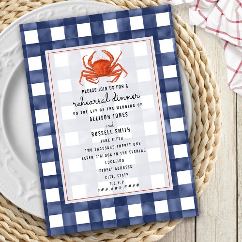 Blue Gingham Crab Wedding Rehearsal Dinner Invitation