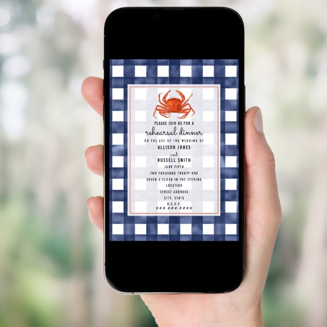 Blue Gingham Crab Wedding Rehearsal Dinner Invitation (Front Digital)