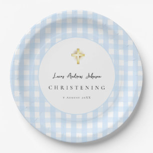 Blue Gingham Cross Christening Paper Plates